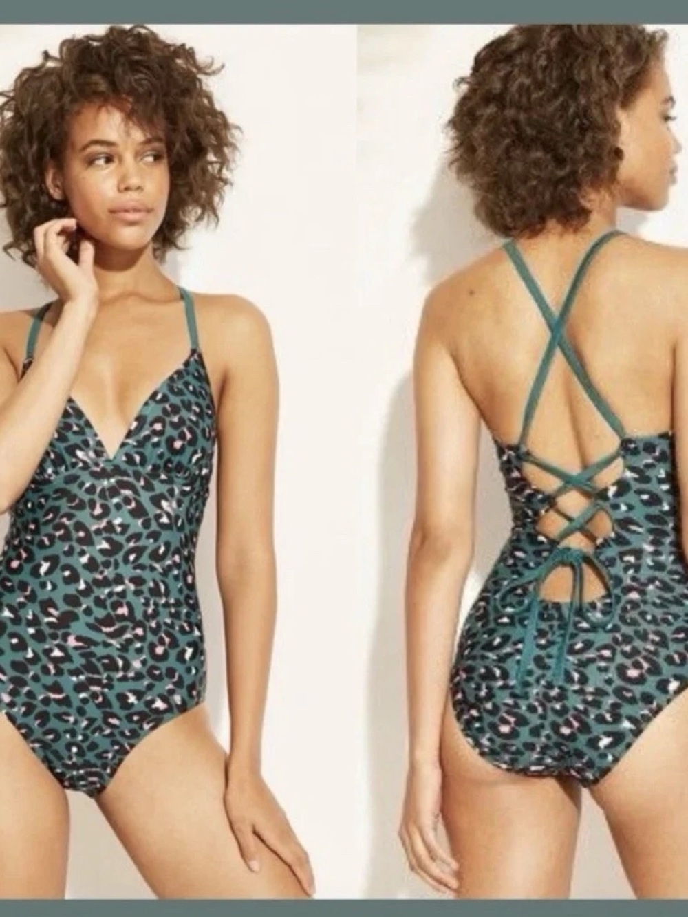 Kona Sol Green Leopard-Print Lace-Up One-Piece Swimsuit